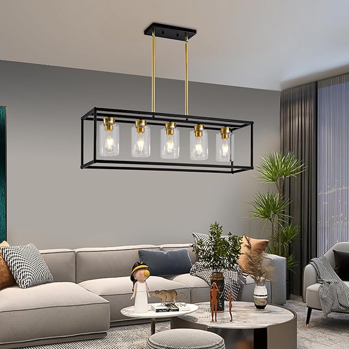 5 Light Dining Room Light Fixture Modern Farmhouse Chandeliers Over Table Black & Brushed Brass Gold Rectangular Pendent Lighting for Kitchen with Glass Shade Hanging Industrial Ceiling Light