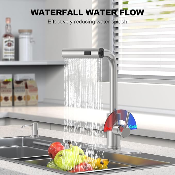 AVSIILE Brushed Nickel Kitchen Faucets with Pull Down Sprayer & Soap Dispenser, Single Hole & Handle, Pull Out Tap, Waterfall Stainless Steel Sink Faucet for Farmhouse Camper Laundry Rv Bar