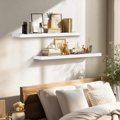 36"x6.8"x1.2" Solid Wood Floating Shelves 2-Pack - Rustic White Finish with Hidden Brackets, Perfect for Storage and Décor in Living Room, Kitchen, Bedroom