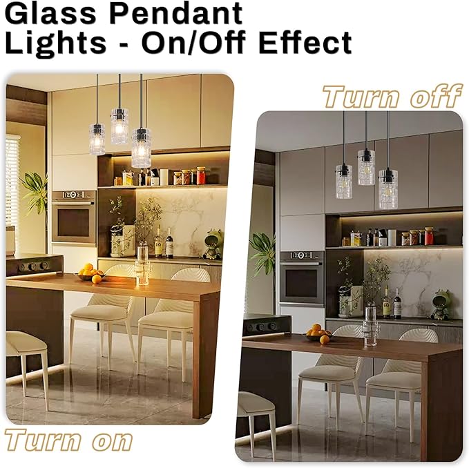 Black Glass Pendant Lights, Pendant Light Fixtures, Pendant Lights For kitchen island Living Room ,With Meatel Adjustable Hanging Rod,(3 Lights)