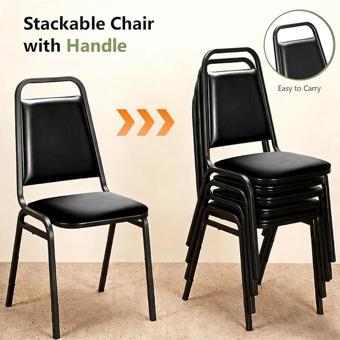 Modern Dining Chairs Set of 4, Faux Leather Upholstered Kitchen Chairs with Cushion Seat, Stackable Metal Frame, No Assembly, Dining Room Chairs for Kitchen Restaurant Living Room, Black