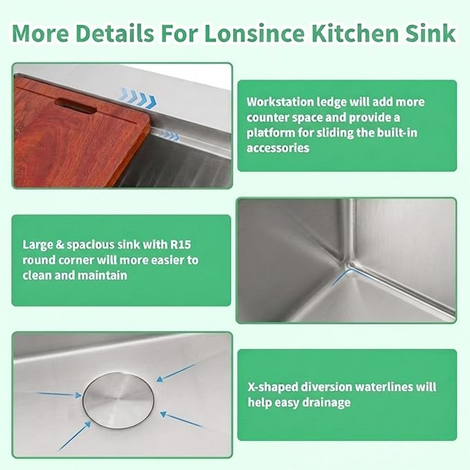 Drop In Kitchen Sink 36" X 22",Top Mount 16 Gauge Stainless Steel Workstation Sink,Deep & Large Single Bowl Kitchen Sinks