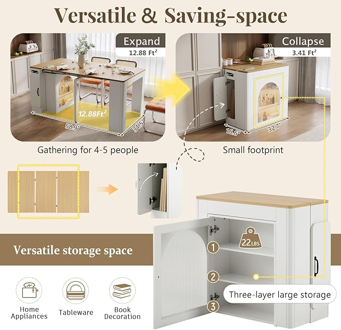 Extendable Dining Table with 3 Removable Middle Leaves, Mobile Rolling Island Table with Power Outlet, Saving-Space Cabinet with Storage for Dining Room and Living Room (Cream White)