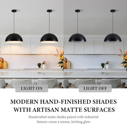 Industrial Pendant Lighting for Kitchen Island, 16 Inch Black and White Metal Dome Pendant Light Fixtures, Farmhouse Hanging Light Fixture E26 Base for Dining Room Foyer Entryway Cafe, 2 Pack