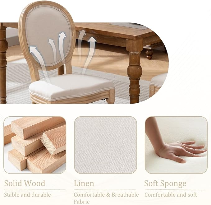 Linen Wooden Dining Chair Set of 4, Upholstered Farmhouse Dining Chair with Solid Wood Frame, Kitchen & Dining Room Chairs for Living Room, Restaurant, Bedroom (Beige-Padded, Set of 4)