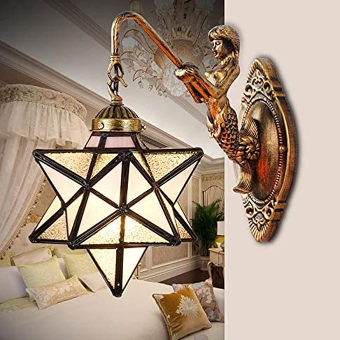 Moravian Star Wall Light with Tiffany Stained Glass Cover, Vintage Rustic Industrial Wall Sconce Retro Wall Mount Lamps Fixture 1-Light,Clear
