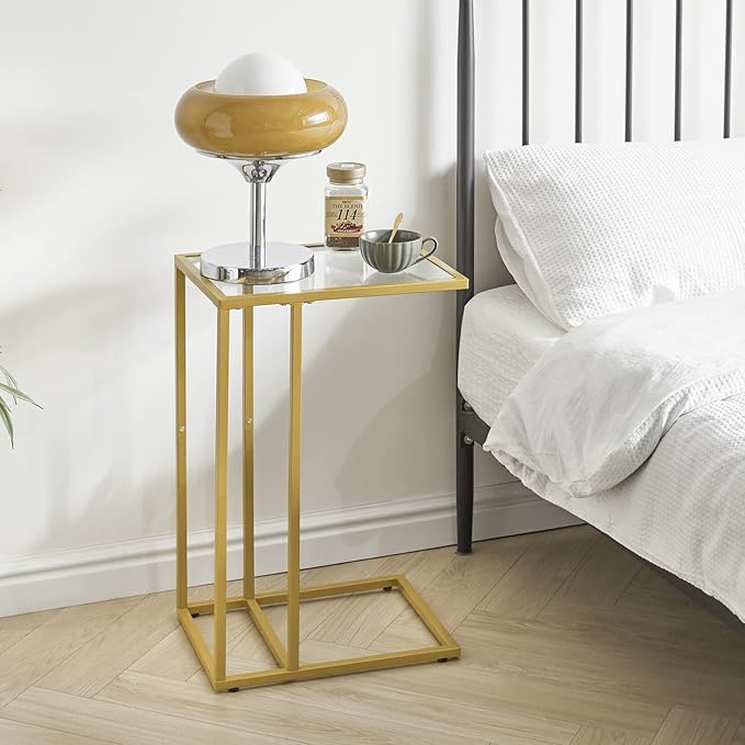 YMYNY C-Shaped End Table, Tempered Glass Sofa Side Table, TV Tray CouchTable That Slide Under for Small Space, Coffee Table for Hallway Office Bedroom Living Room, Metal Frame, Gold, UHGD001G