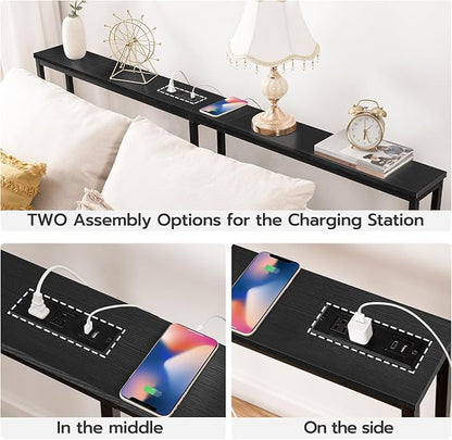 HOOBRO 63" Narrow Console Table with Charging Station, 5.9" Slim Sofa Table Behind Couch, 2 AC Outlets & USB-C Ports, Long Entryway Tables for Small Spaces, Livingroom, Black BB165UXG01G1