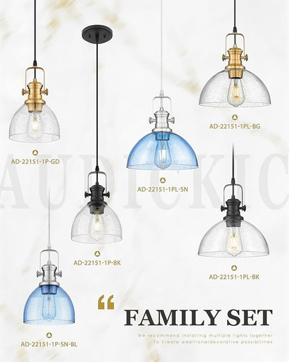 Pendant Lights Kitchen Island, 10.5" Farmhouse Pendant Lighting with Blue Seeded Glass Shade, Vintage Hanging Light Fixtures for Dining Room, Brushed Nickel, AD-22151-1PL-SN-BL