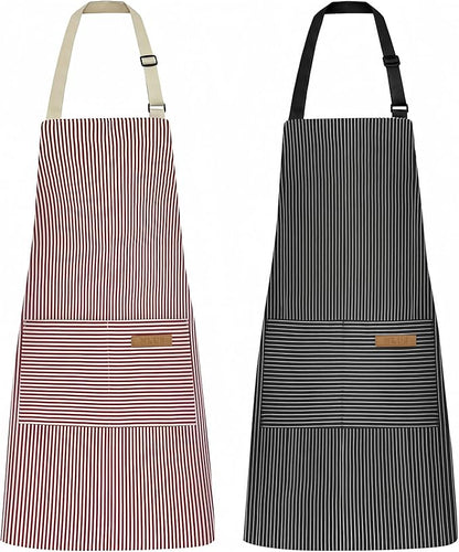 NLUS 2 Pack Kitchen Cooking Aprons, Adjustable Bib Soft Chef Apron with 2 Pockets for Men Women (Black Pinstripes/Pink Pinstripes)