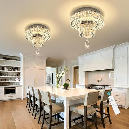 HAIXIANG Modern Glam Ceiling Chandelier Bedroom Light Fixtures Crystal Flat Sloping Ceiling Lights for Hallway Kitchen Dining Room Dimmable Light with Remote Silver