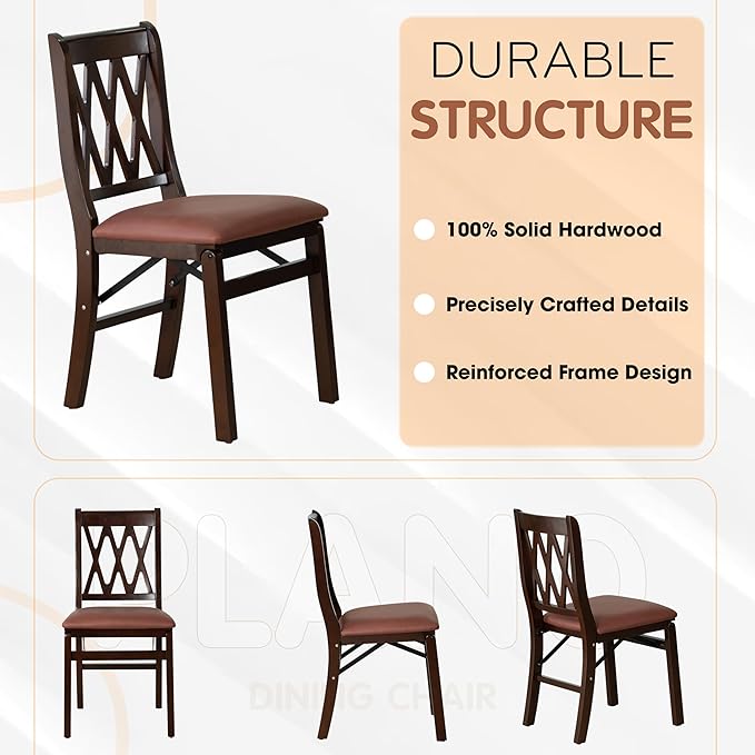 East West Furniture - PNC-MAH-26 – Plano Folding Solid Wood Dining Room Chairs with PU Leather Seat, 3-X Back Design, Set of 2, No Assembly Needed, Mahogany Wood Finish