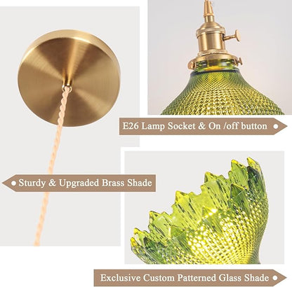 Pendant Lights Kitchen Island, Vintage Light Fixtures with Green Glass, 7.8inch Light Fixtures Brushed Gold Hanging Ceiling for Dining Living Room Kitchen Bedroom Island Entryway