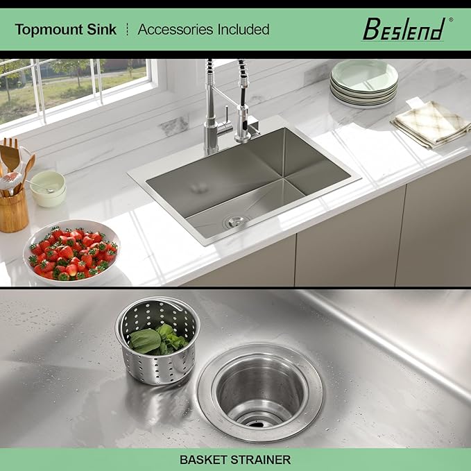 24 Drop In Kitchen Sink - Beslend 24x18 Inch Kitchen Sink Drop In Stainless Steel Sinks Topmount 16 Gauge 9" Deep Single Bowl Above Counter Sinks Dish Basin, Sink Only