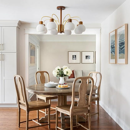 KCO Lighting Rustic Wood Sputnik Ceiling Light Fixture Ribbed Milk Glass Pendant Lights Kitchen Island 8 Lights Vintage Farmhouse Chandelier Lighting Modern White Gold Globe Chandelier