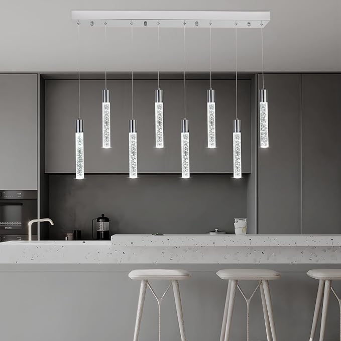 8 Light Pendant Lights Kitchen Island, Modern Chrome Crystal Pendants with Dimmable 3000K-6000K LED Ceiling Hanging Light Fixture for Dining Room Bedroom, Adjustable Height 78"