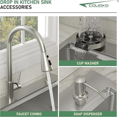 28x22 Drop In Kitchen Sink with Faucet Combo Workstation 16 Gauge Stainlee Steel Single Bowl Kitchen Sinks Large Deep Round Corner Handmade Overmount Topmount Sink Basin
