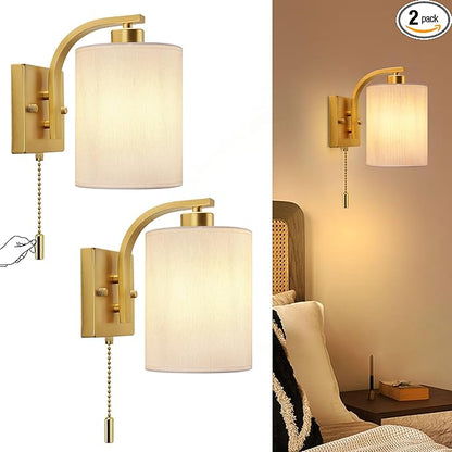 Lightess Wall Sconces with Pull Chain,Vintage Hardwired Pull Cord Wall Light Fixture with on Off Switch,Indoor Wall Lamp for Hallway Bedroom Living Room,Set of Two Gold (Bulbs Not Included)