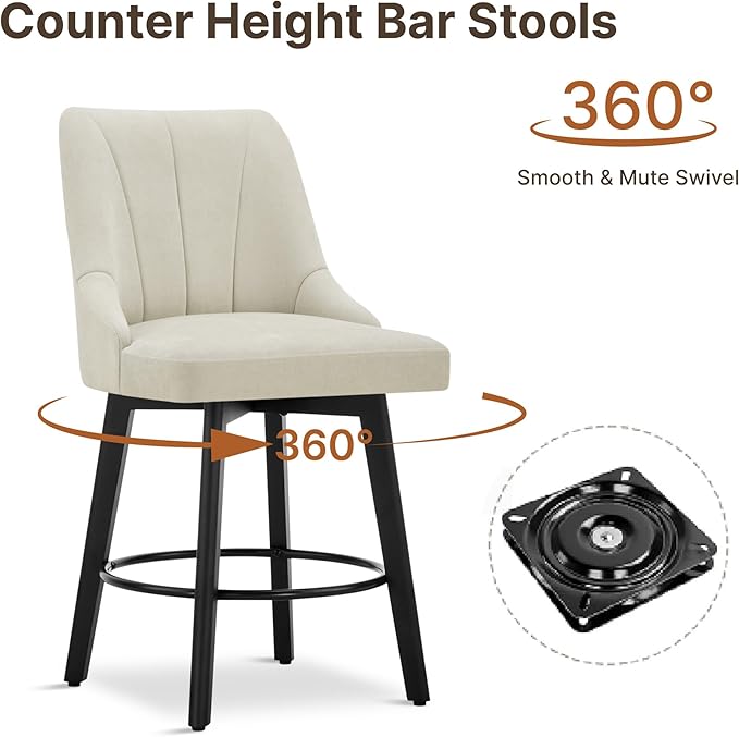 24" Counter Height Bar Stools Set of 4, Swivel Bar Stools with Backs, Fabric Upholstered Counter Barstools with Solid Wood Legs for Kitchen Island,Sand