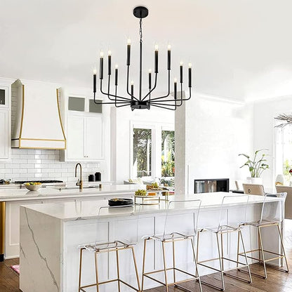 Black Chandelier, 12-Light Farmhouse Chandeliers for Dining Room, Classic Candle Ceiling Pendant Light Fixture for Living Room, Foyer, Kitchen Island, Bedroom, Entryway