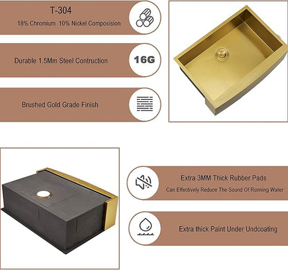 Hotis Gold Farmhouse Sink, 33 Inch Stainless Steel Farmhouse Kitchen Sinks, Single Bowl Burshed Gold Apron Front Farm Sinks, Brass Undermount Sink With Accessories