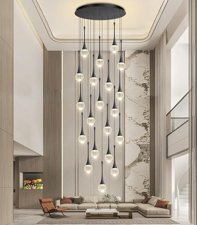 20 Light Crystal Chandelier for High Ceiling Dimmable LED Pendant Lights with Remote Adjustable Chandeliers for Staircase Foyer Living Room Black