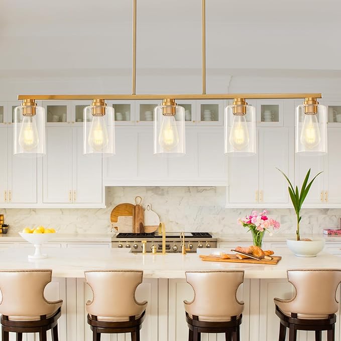Mecgirn Island Light for Kitchen, Brushed Gold Dining Room Light Fixture Over Table, 5-Light Linear Chandelier Pendant Lighting for Dining Table Kitchen Island Living Room