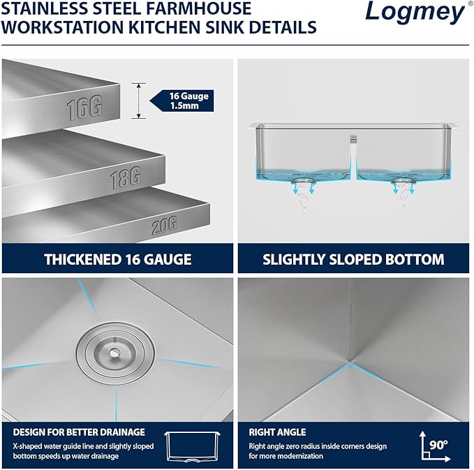 Logmey 33 Inch Farmhouse Sink Double Bowl 50/50 Sink 33x21 Inch Stainless Steel Apron Front Kitchen Sink Ledge Workstation Low Divide Double Bowl 50/50 16 Gauge Farm Kitchen Sinks