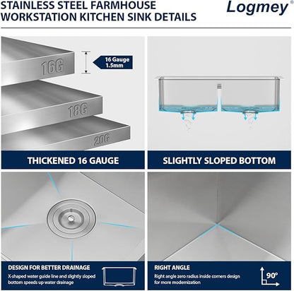 Logmey 33 Inch Farmhouse Sink Double Bowl 50/50 Sink 33x21 Inch Stainless Steel Apron Front Kitchen Sink Ledge Workstation Low Divide Double Bowl 50/50 16 Gauge Farm Kitchen Sinks