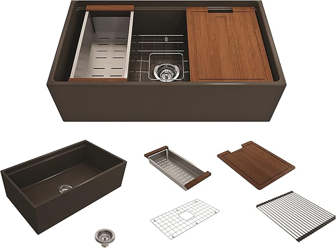 BOCCHI Contempo Workstation Apron Front Step Rim Fireclay 33 in. Single Bowl Kitchen Sink with Accessories in Matte Brown