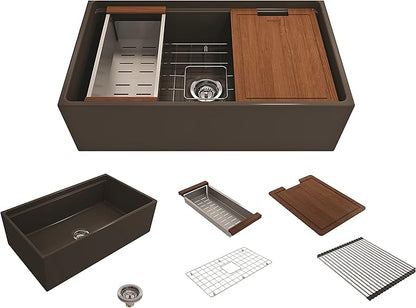 BOCCHI Contempo Workstation Apron Front Step Rim Fireclay 33 in. Single Bowl Kitchen Sink with Accessories in Matte Brown