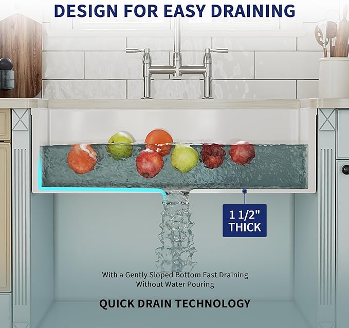 DeerValley 33" L x 20" W White Farmhouse Kitchen Sink Fireclay Apron Front Undermount Farm Sink Single Bowl Pure White Farmer Sink Large Capacity Deep Kitchen Sink with Accessories