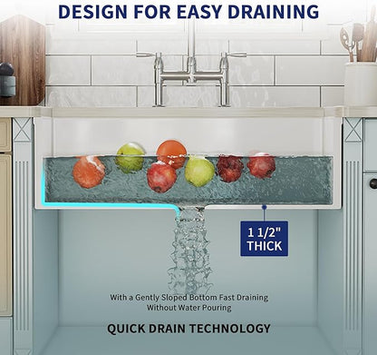 DeerValley 33" L x 20" W White Farmhouse Kitchen Sink Fireclay Apron Front Undermount Farm Sink Single Bowl Pure White Farmer Sink Large Capacity Deep Kitchen Sink with Accessories