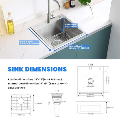 POPFLY 18 Inch Drop In Kitchen Sink, 304 Stainless Steel Top mount Handmade Single Bowl 2 Holes Kitchen Sink 9 Inches Deep Bar Prep Sink with Accessories, Brushed Nickel