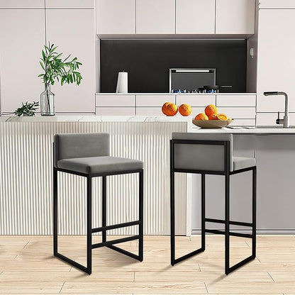 Velvet Stools with Low Back Mid-Century Upholstered Armless Chairs for Kitchen Island Home Pub Grey + Gold Sitting Height 65cm (Grey + Black 25.6in)