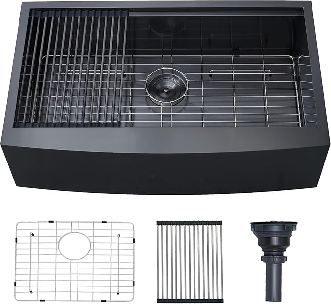 33 Black Farmhouse Sink, Undermount 33x20x9 Apron Front Farm Ktichen Sink Stainless Steel Single Bowl 16 Gauge with Accessories