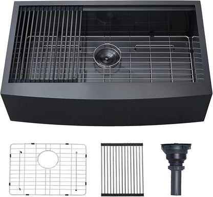 33 Black Farmhouse Sink, Undermount 33x20x9 Apron Front Farm Ktichen Sink Stainless Steel Single Bowl 16 Gauge with Accessories