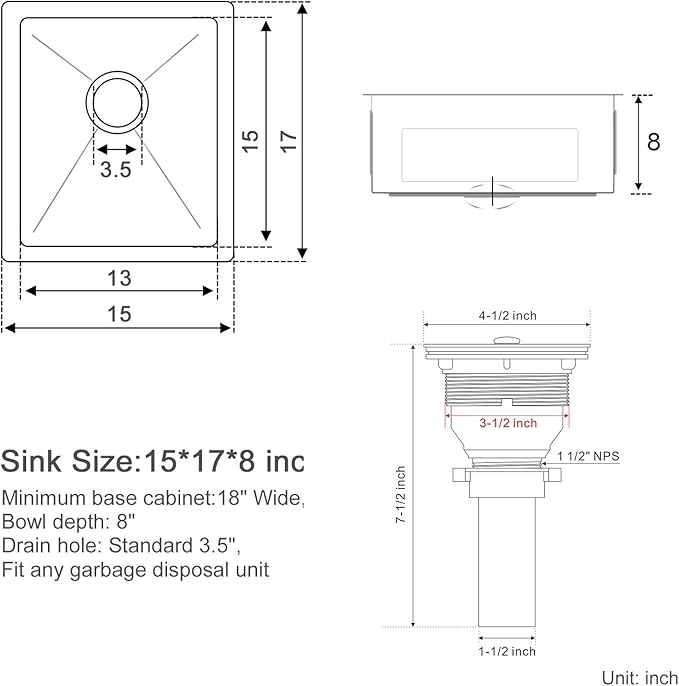 MENATT 15-inch Undermount Kitchen Bar Sinks, 304 Stainless Steel Handmade Bar Sink Undermount, Single Bowl Kitchen Sink Brushed, 15" x 17" x 8"
