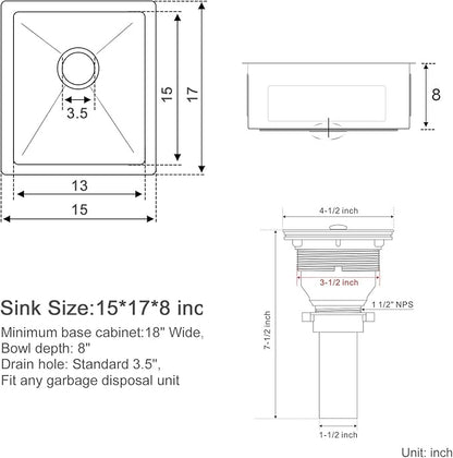 MENATT 15-inch Undermount Kitchen Bar Sinks, 304 Stainless Steel Handmade Bar Sink Undermount, Single Bowl Kitchen Sink Brushed, 15" x 17" x 8"