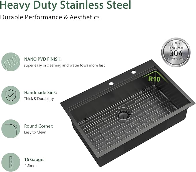 33x22 Black Drop In Kitchen Sink Workstation 16 Gauge Stainless Steel Single Bowl Drop Kitchen Sinks Nano PVD Gunmetal Black Handmade Large Deep Topmount Sinks, 33x22x9 Inch