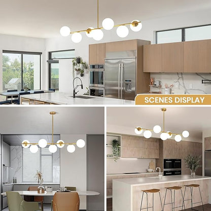 KELUOLY Linear Chandelier for Dining Room, 7-Light Gold Mid Century Pendant Light, 45" Modern Sputnik Kitchen Light Fixture Brushed Brass Finish with White Glass Lampshade for Office, Cafe, bar