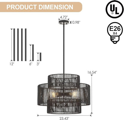 24” Boho Hand Woven Rattan Chandelier 3 Round Adjustable 4-Light Large Pendant Light for Kitchen Island Dining Room Living Room Hallway, Black, UL Listed