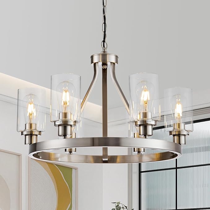 Lanhall 6-Light Modern Dining Room Light Fixture Brushed Nickel Kitchen Chandelier Ceiling Hanging Pendant Lighting with Glass Shade for Living Room Bedroom Entryway Adjustable Height Metal E26
