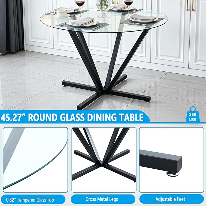 Round Dining Table for 4 6 People, 45.3" Modern Glass Kitchen Table, Circle Black Dinner Table with 0.32" Thick Tempered Glass Top and Metal Legs, Glass Dining Room Furniture for Kitchen Living Room