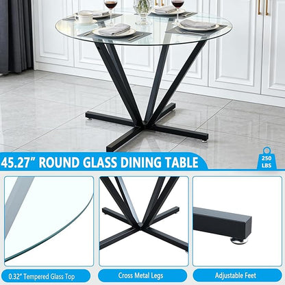 Round Dining Table for 4 6 People, 45.3" Modern Glass Kitchen Table, Circle Black Dinner Table with 0.32" Thick Tempered Glass Top and Metal Legs, Glass Dining Room Furniture for Kitchen Living Room