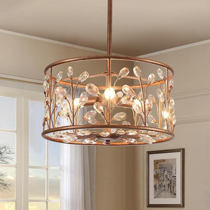 Vintage Crystal Round Chandelier, 15.7" Drum Chandeliers for Dining Room, 3-Lights Kitchen Chandelier Over Table, Hanging Pendant Light Fixture for Entryway Living Room
