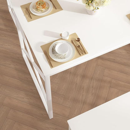 VECELO Kitchen Table with 2 Benches for 4, 43.3'' Wood Dining Room Dinette Sets with Metal Frame for Breakfast Nook and Small Space, White