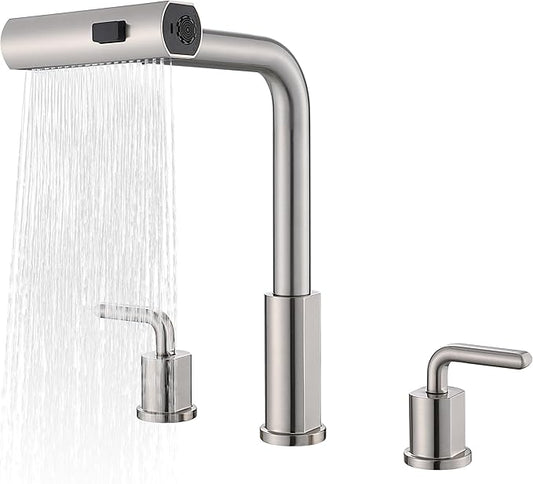 Kitchen Sink Faucet for 3 Hole with Pull Down Sprayer - 8 inch Two Handle Widespread Kitchen faucets Set with Pull Out Sprayer for Sink- Stainless Steel Brushed Nickel 3 Piece Faucet for Kitchen Sink