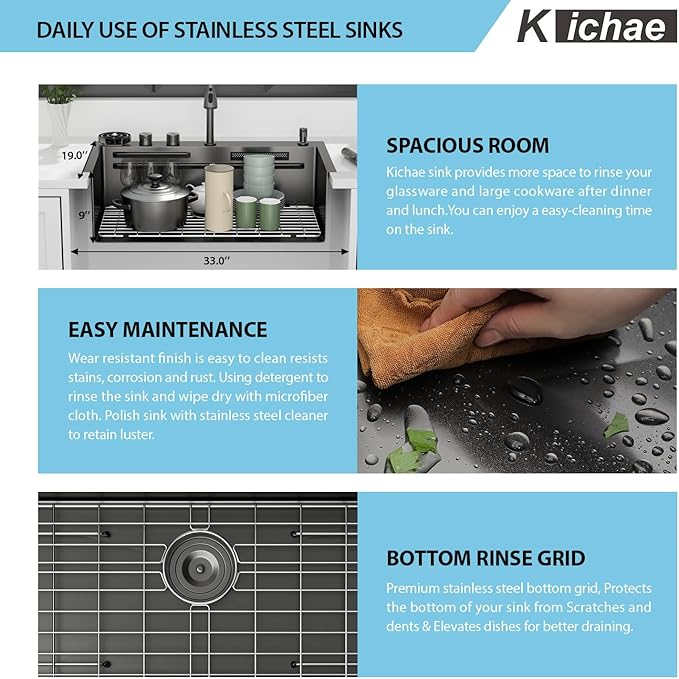 Kichae 33 Black Kitchen Sink Drop In Waterfall - 33x19 Drop Sink Stainless Steel 16G Single Bowl Waterfall Kitchen Sinks Workstation Handmade with Faucet & Glass Rinser