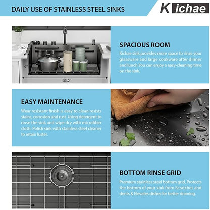 Kichae 33 Black Kitchen Sink Drop In Waterfall - 33x19 Drop Sink Stainless Steel 16G Single Bowl Waterfall Kitchen Sinks Workstation Handmade with Faucet & Glass Rinser